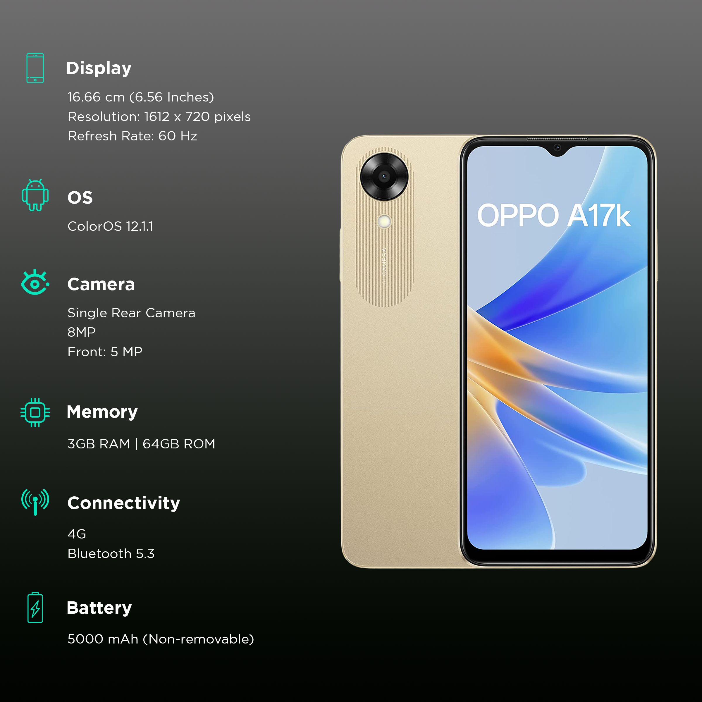 Buy OPPO A17k (3GB RAM, 64GB, Gold) Online - Croma